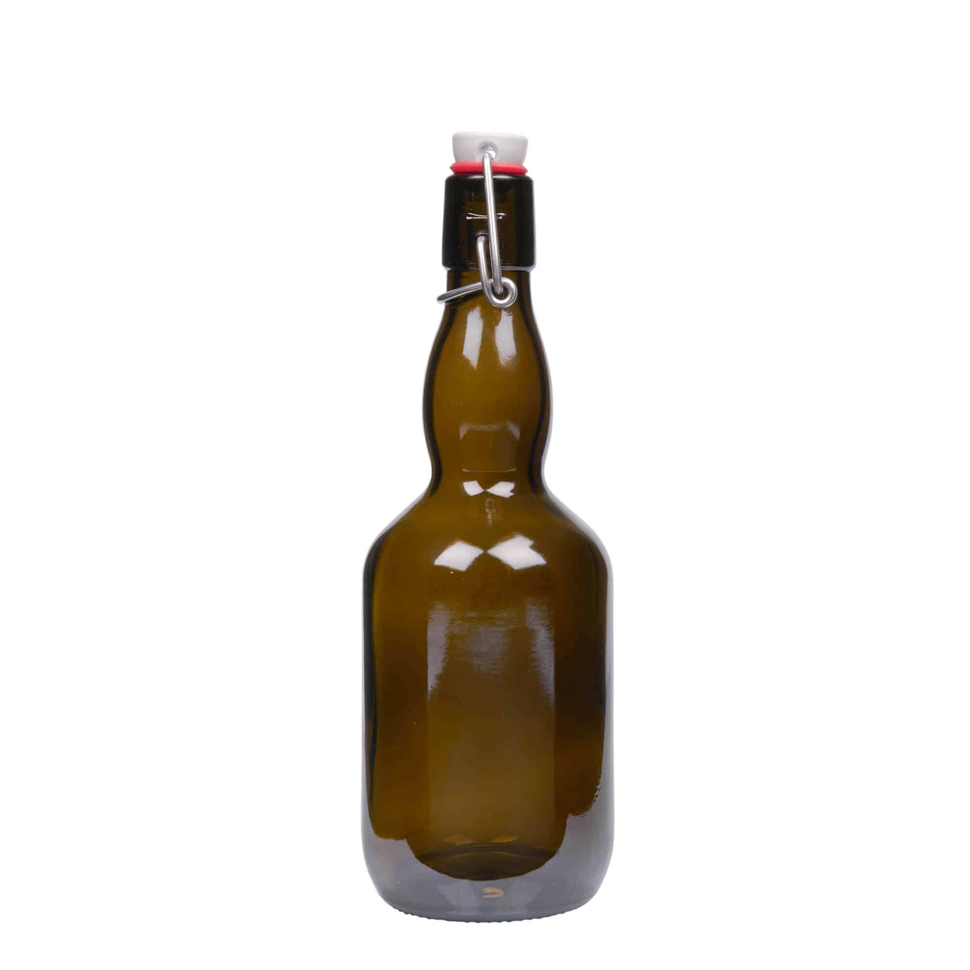 500 ml ölflaska krökt hals, glas, antikgrön, mynning: patentkork