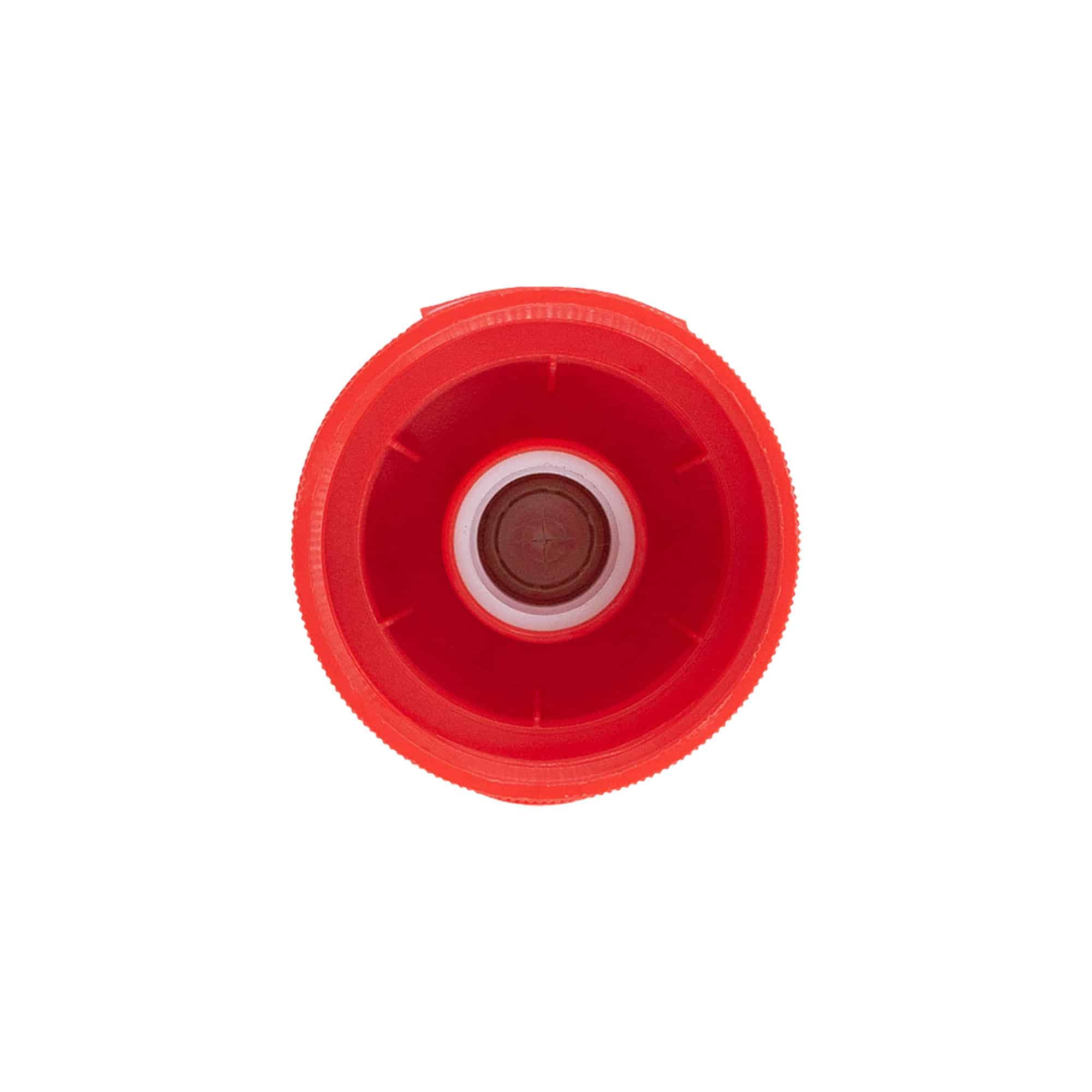 Skruvkapsel gångjärnslock, PP-plast, röd, för mynning: GPI 38/400