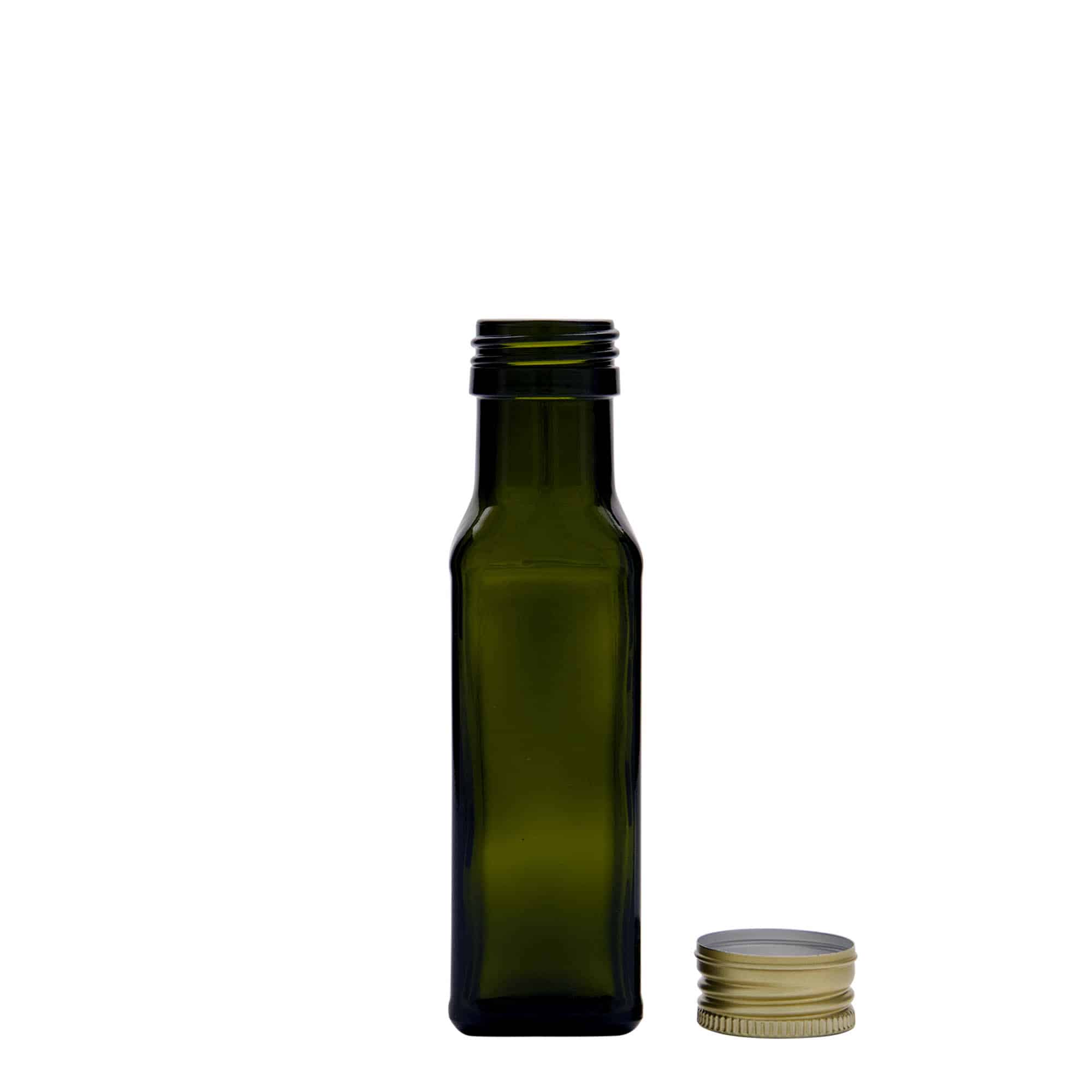 100 ml glasflaska 'Marasca', kvadratisk, antikgrön, mynning: PP 31,5