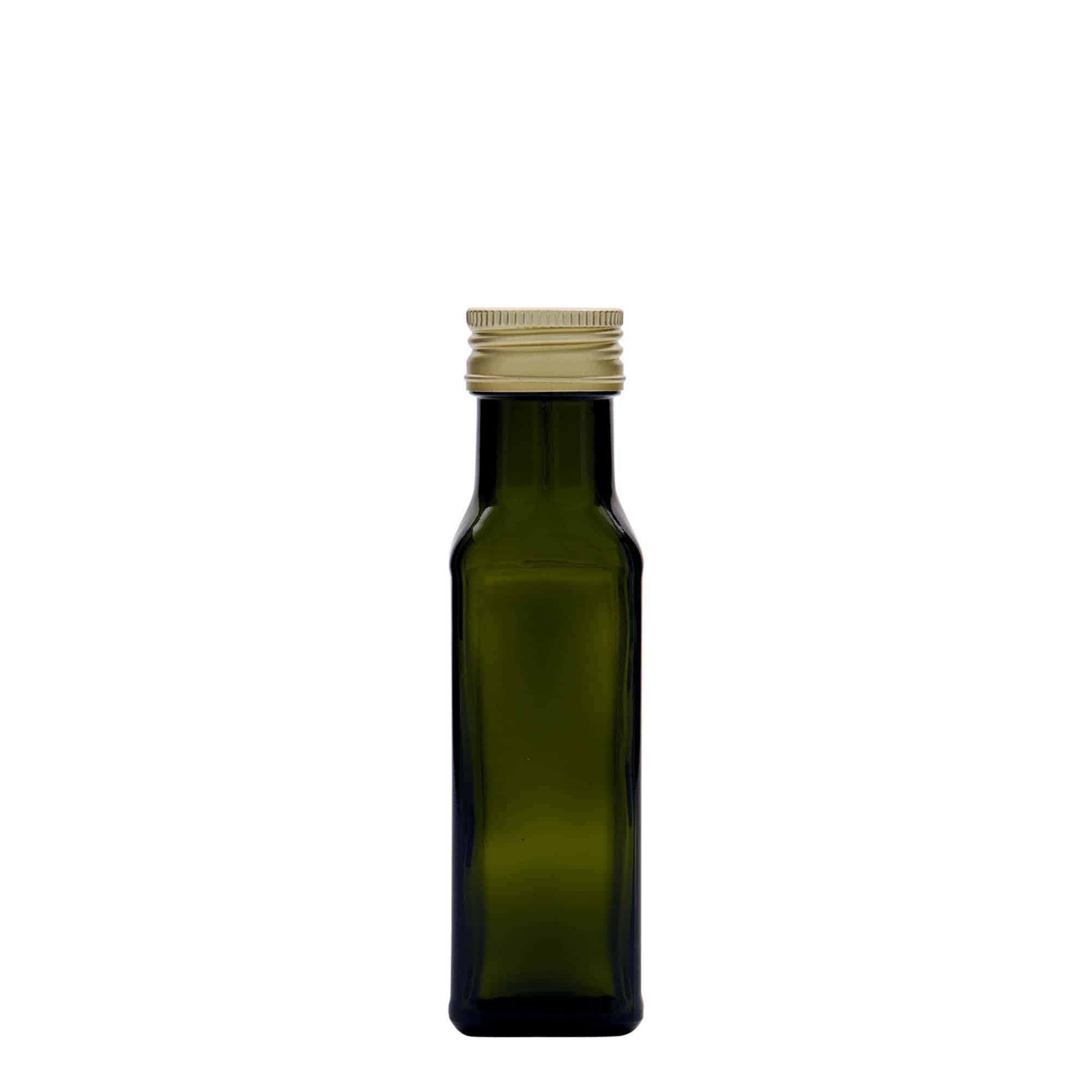 100 ml glasflaska 'Marasca', kvadratisk, antikgrön, mynning: PP 31,5