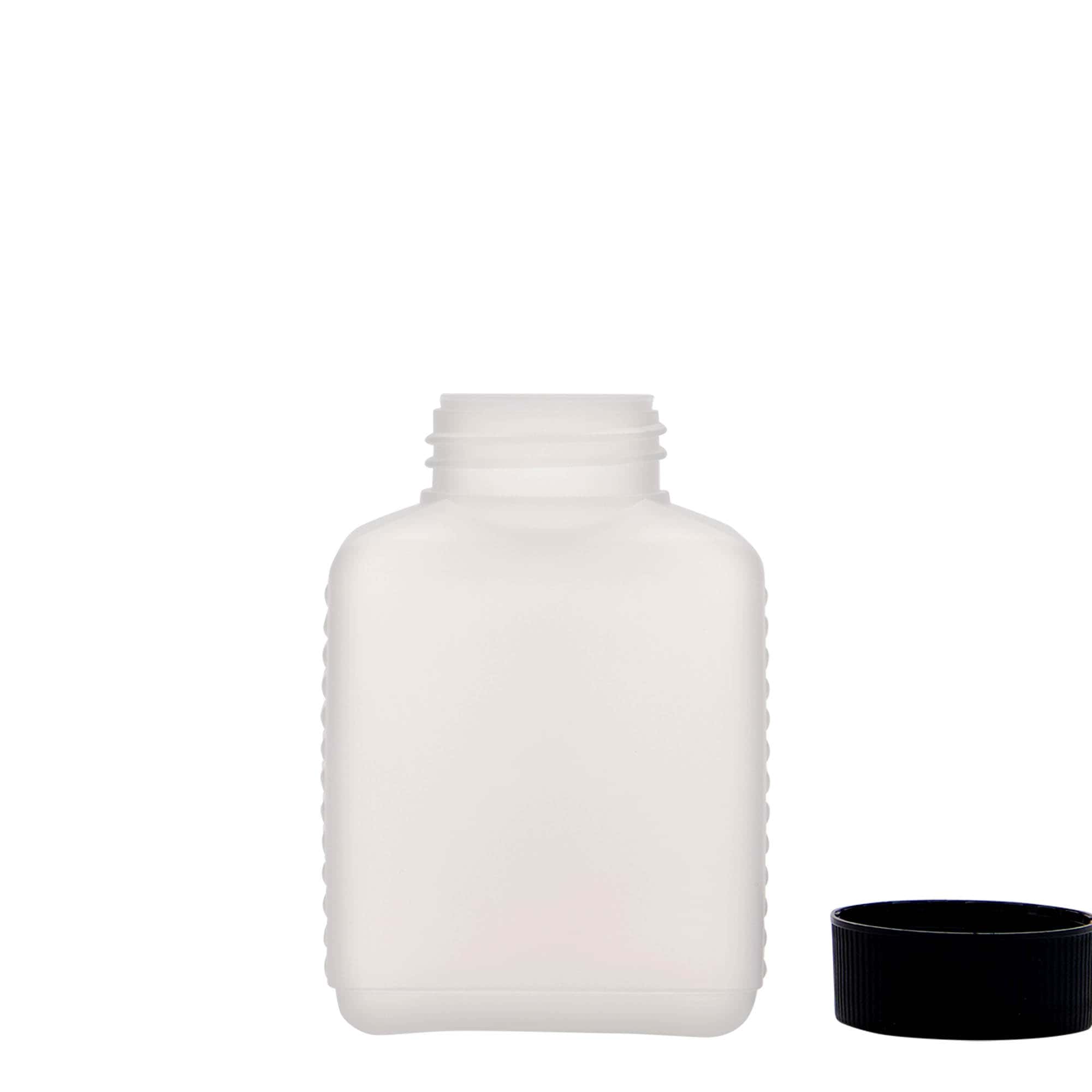 250 ml flaska med bred hals, rektangulär, HDPE-plast, natur, mynning: DIN 40 EPE