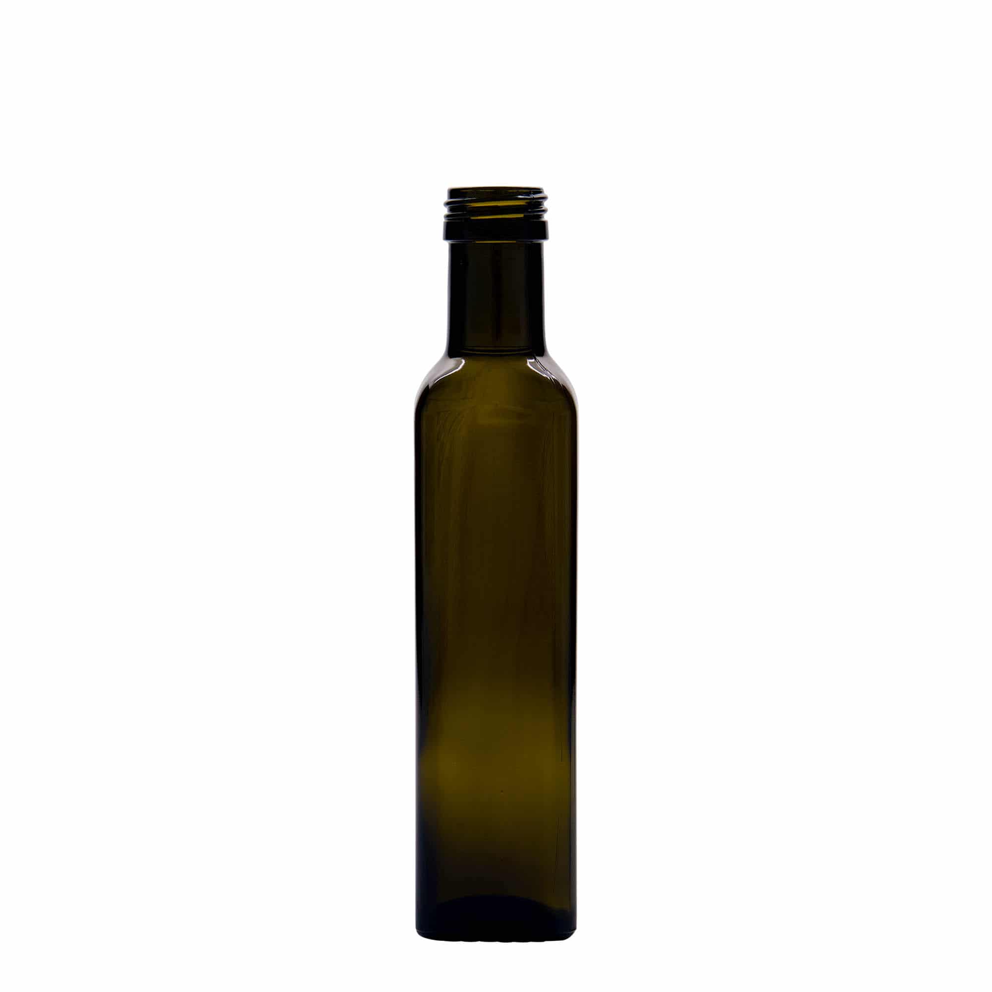 250 ml glasflaska 'Marasca', kvadratisk, antikgrön, mynning: PP 31,5