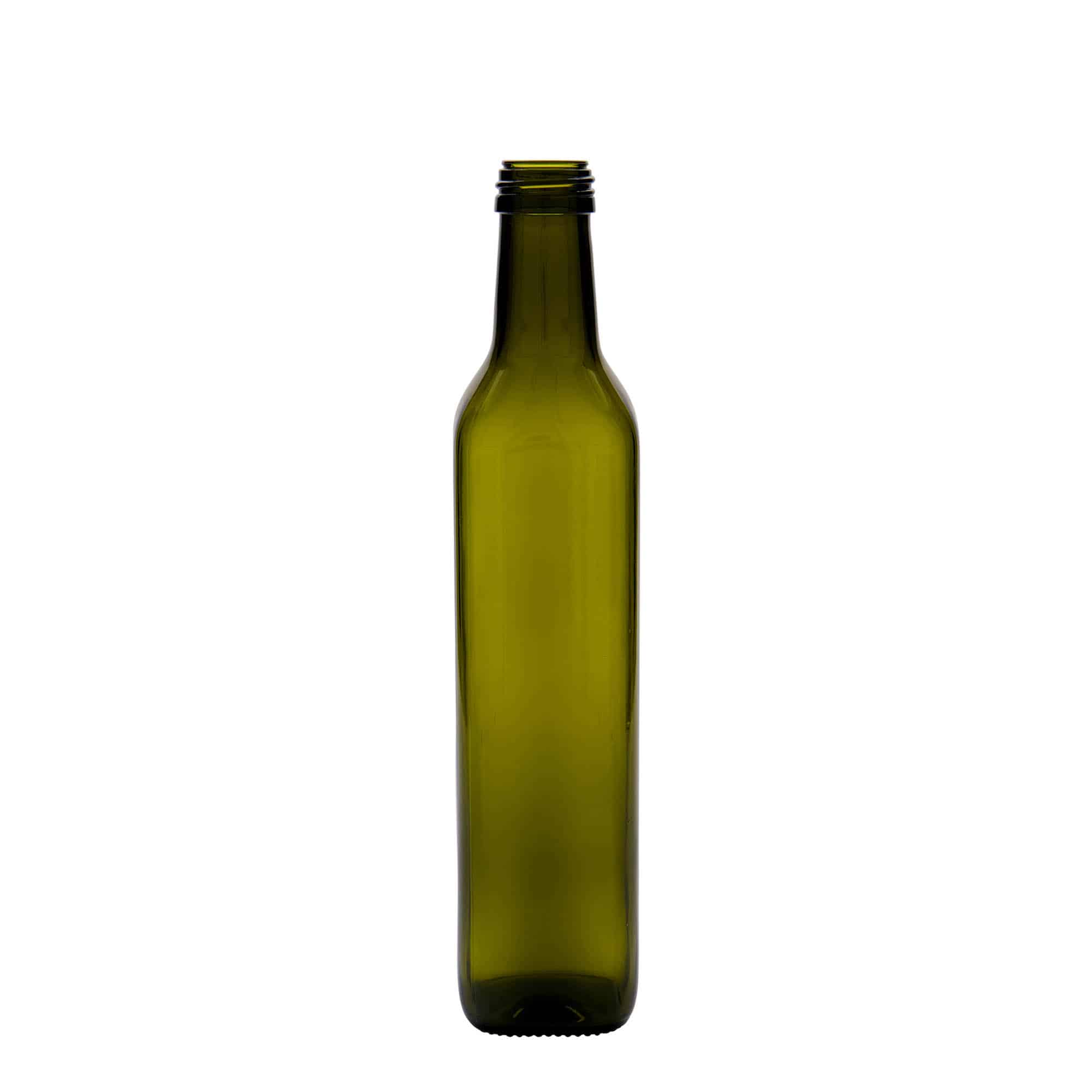 500 ml glasflaska 'Marasca', kvadratisk, antikgrön, mynning: PP 31,5