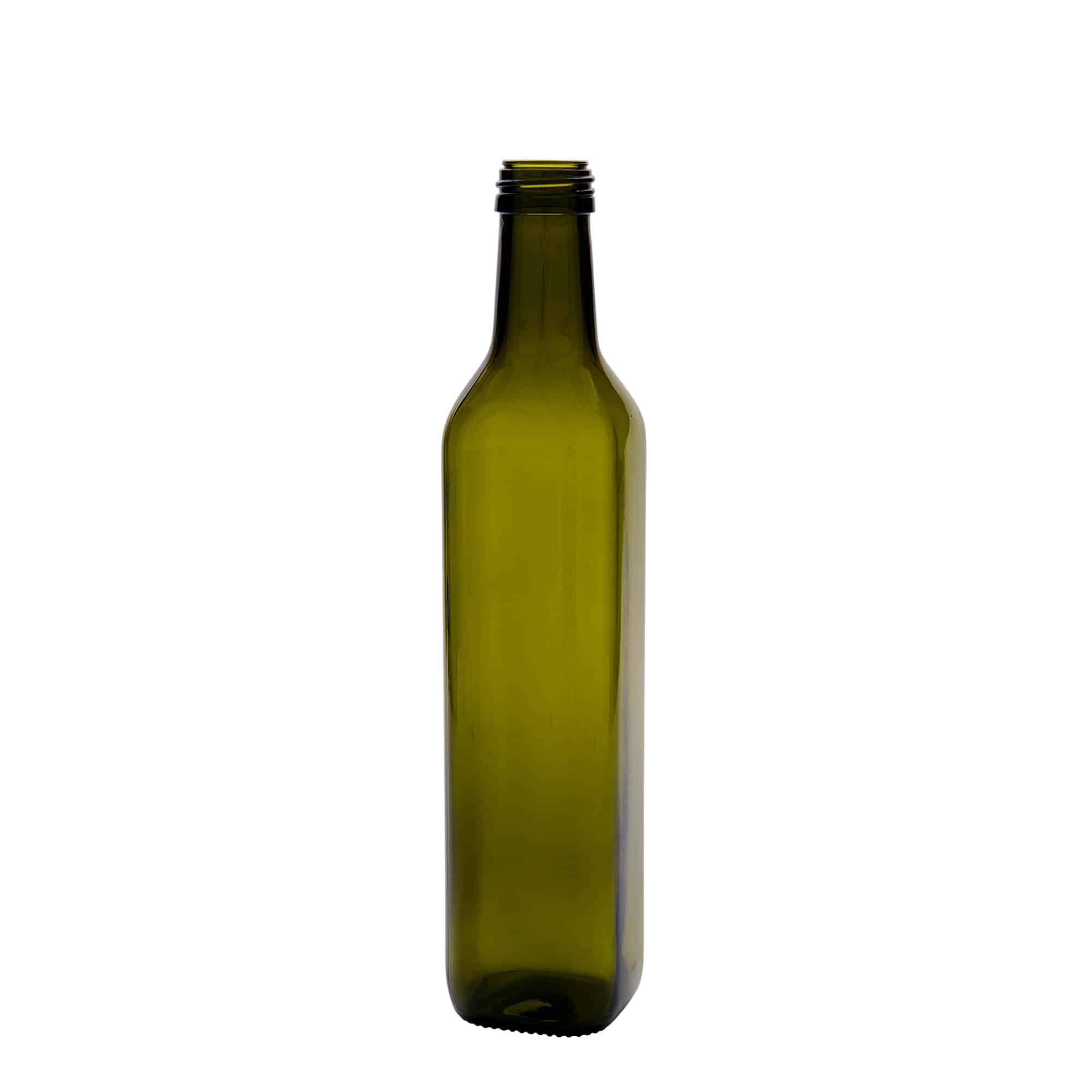 500 ml glasflaska 'Marasca', kvadratisk, antikgrön, mynning: PP 31,5