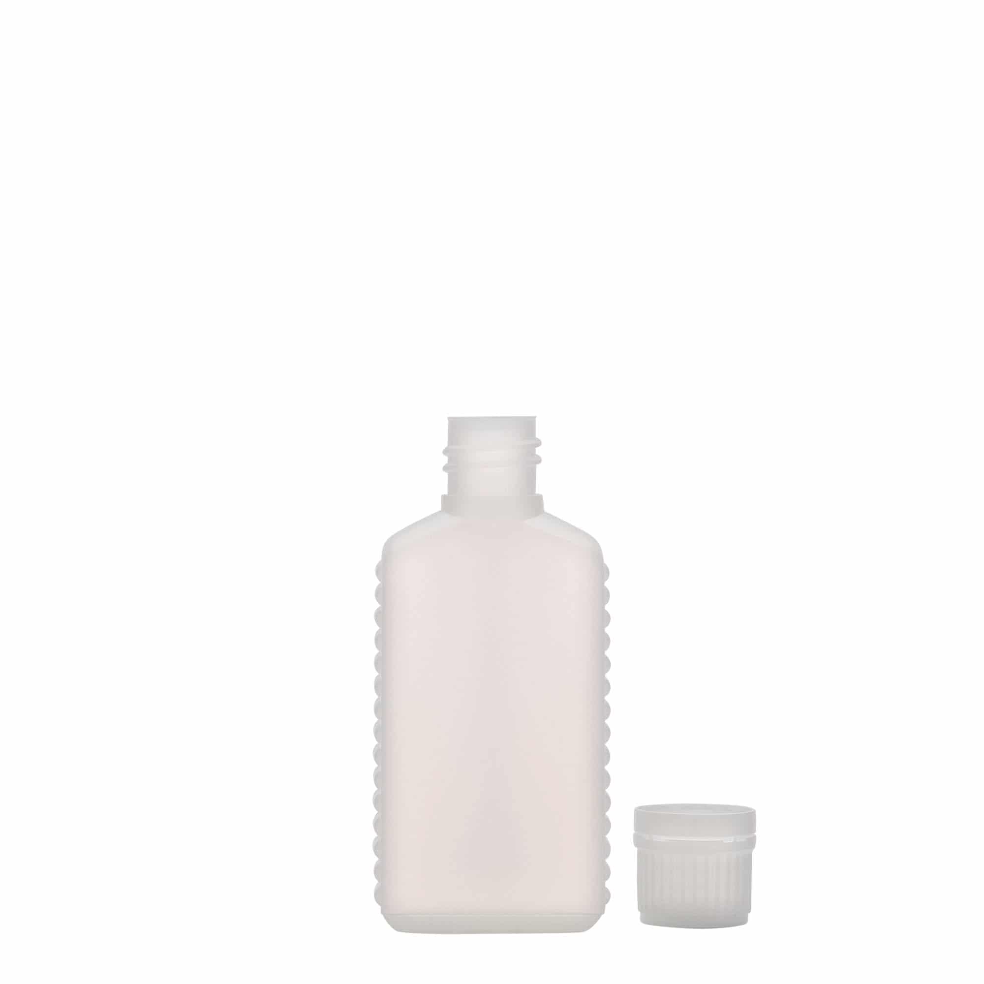 50 ml dunkflaska med smal hals, rektangulär, HDPE-plast, natur, mynning: DIN 18