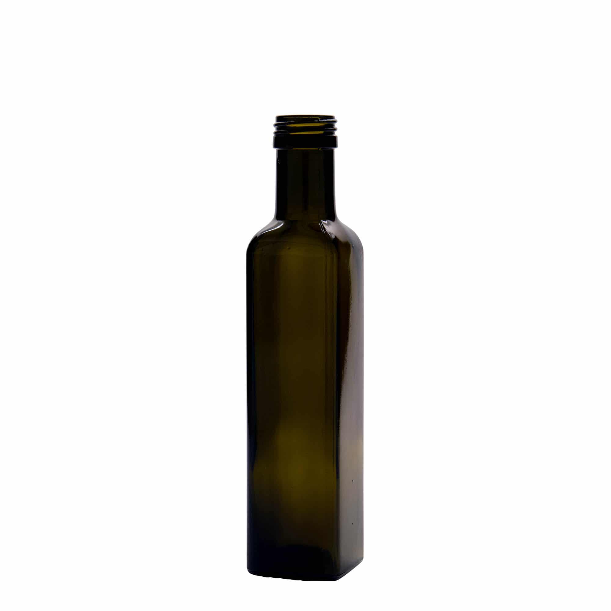 250 ml glasflaska 'Marasca', kvadratisk, antikgrön, mynning: PP 31,5