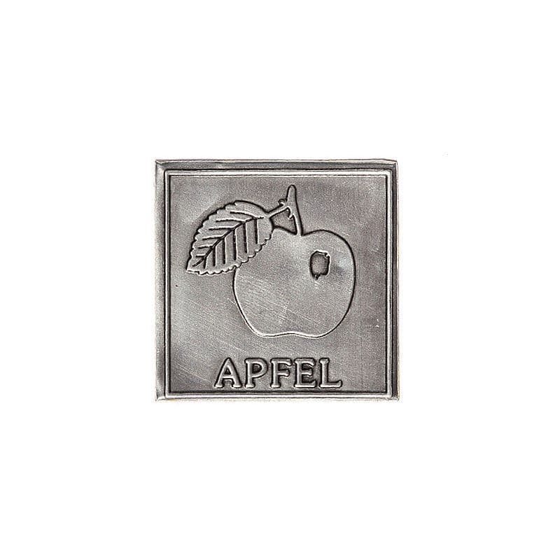 Tennetikett 'Äpple', kvadratisk, metall, silver