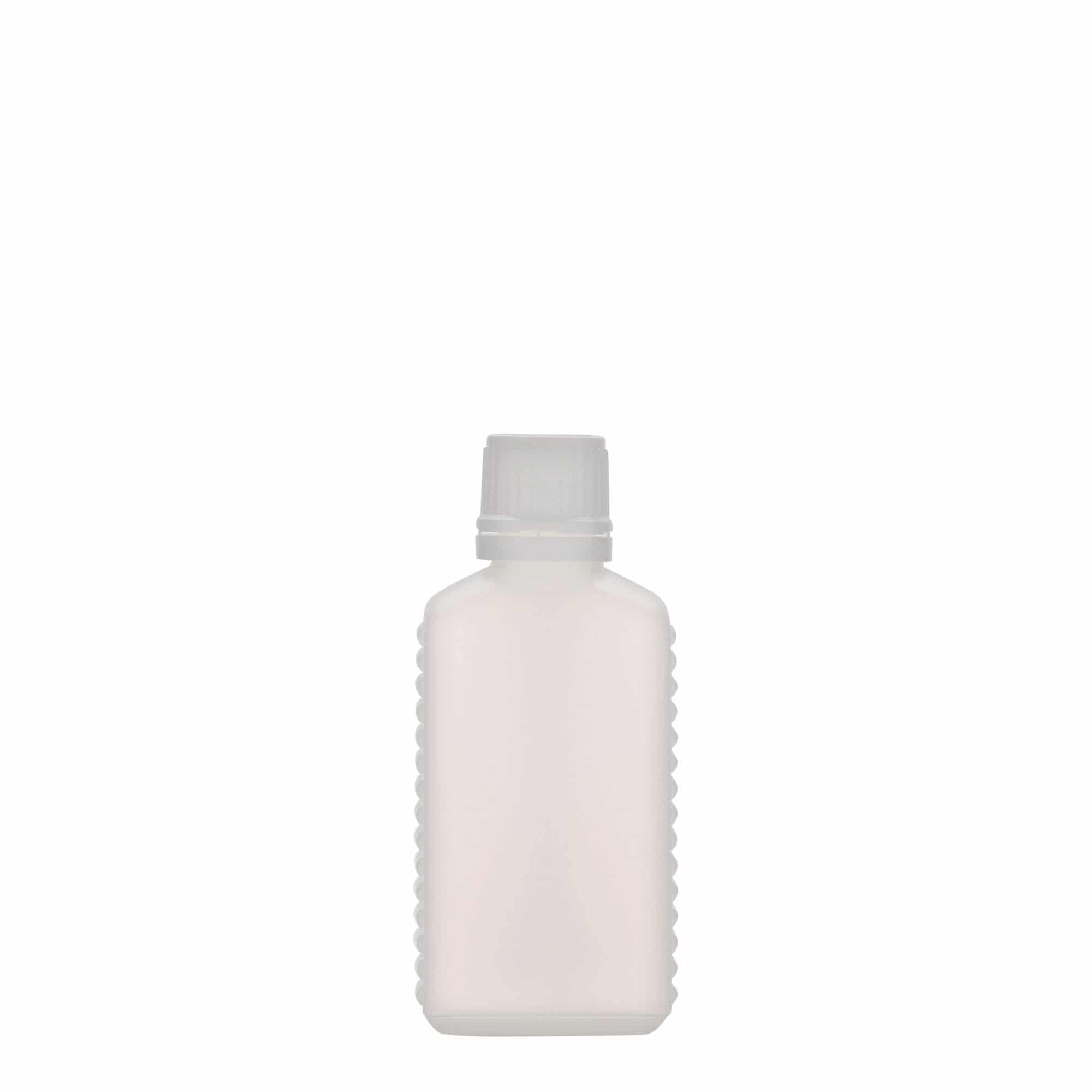 50 ml dunkflaska med smal hals, rektangulär, HDPE-plast, natur, mynning: DIN 18