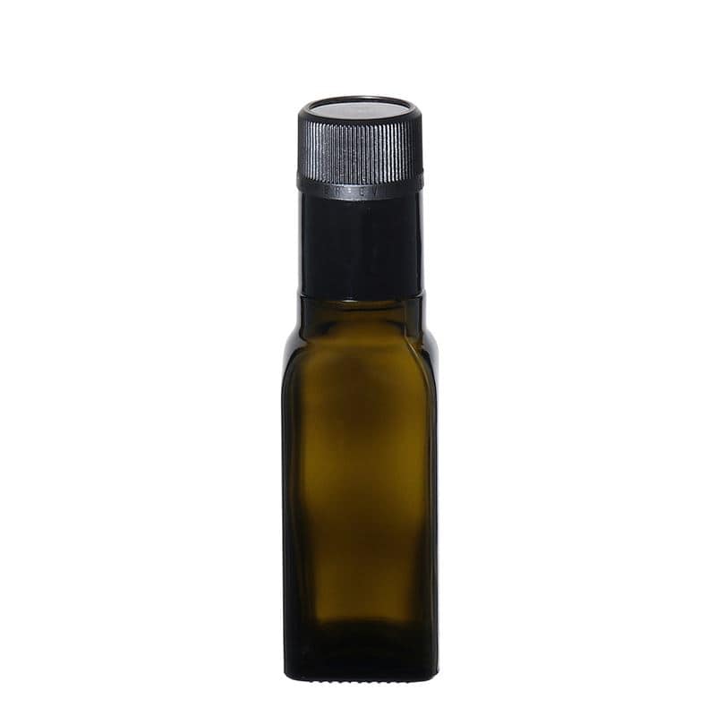 100 ml vinäger-/oljeflaska 'Quadra', glas, kvadratisk, antikgrön, mynning: DOP