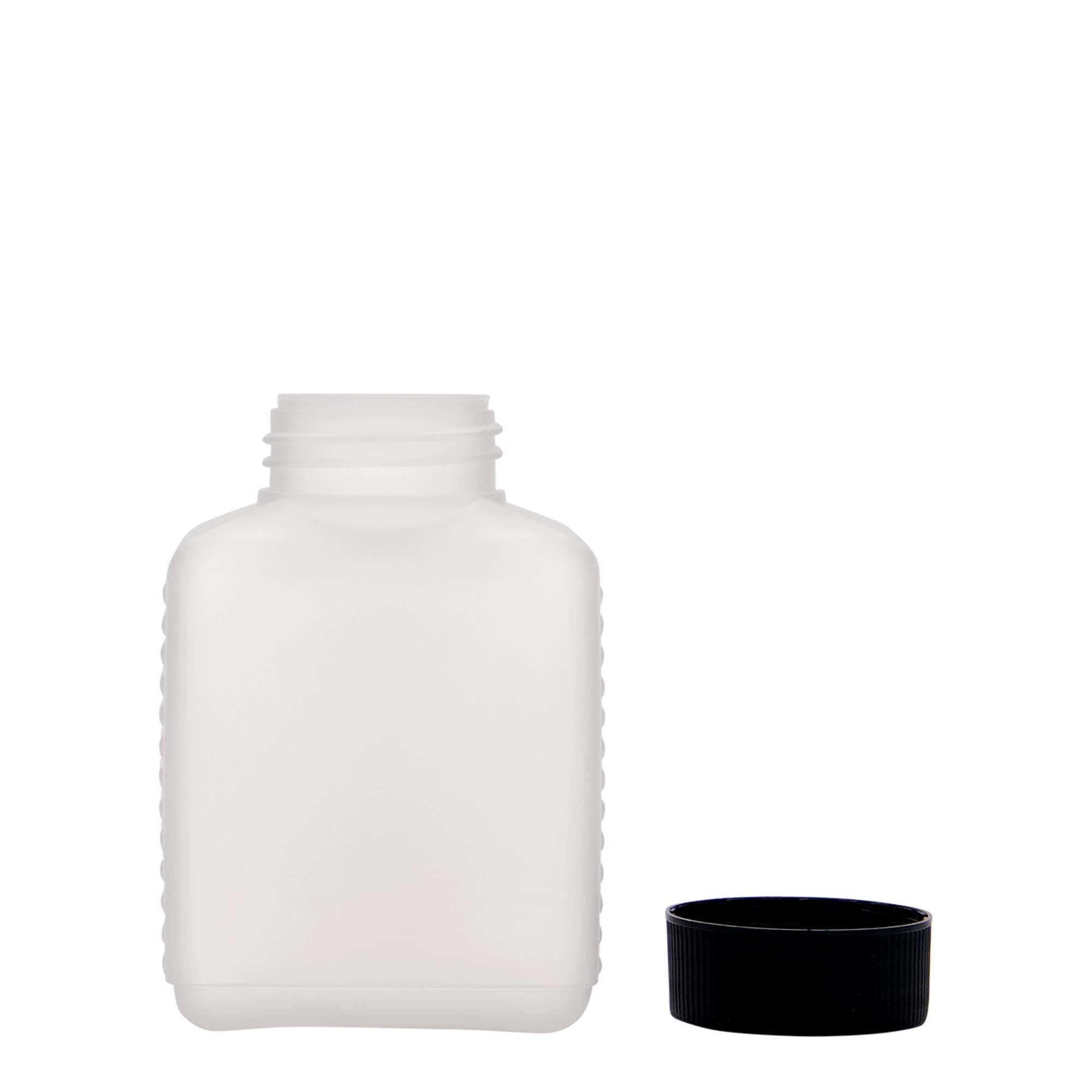 250 ml flaska med bred hals, rektangulär, HDPE-plast, natur, mynning: DIN 40 EPE